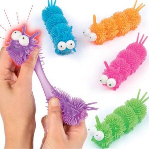 Caterpillar Light-Up Toys - 4 Stretchy Caterpillars with printed faces in assorted colours. Size 5cm. Perfect as party bag fillers and prizes.