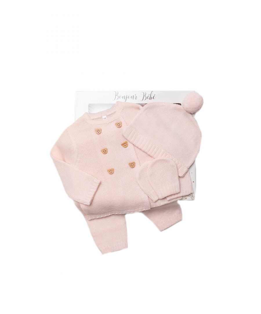 Bonjour Bebe Baby Girl Knitted Four-Piece Gift Set - Pink - Size 0-3M