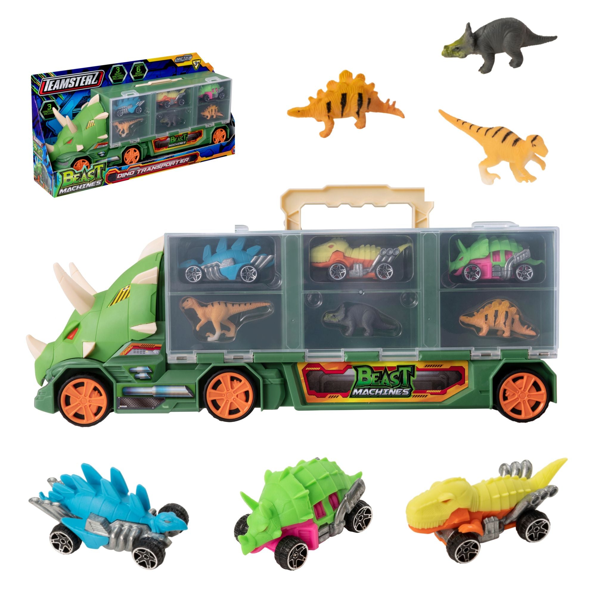 Teamsterz Beast Machines Triceratops Transporter | Includes 3 Dino Racer Cars & 3 Dinosaurs