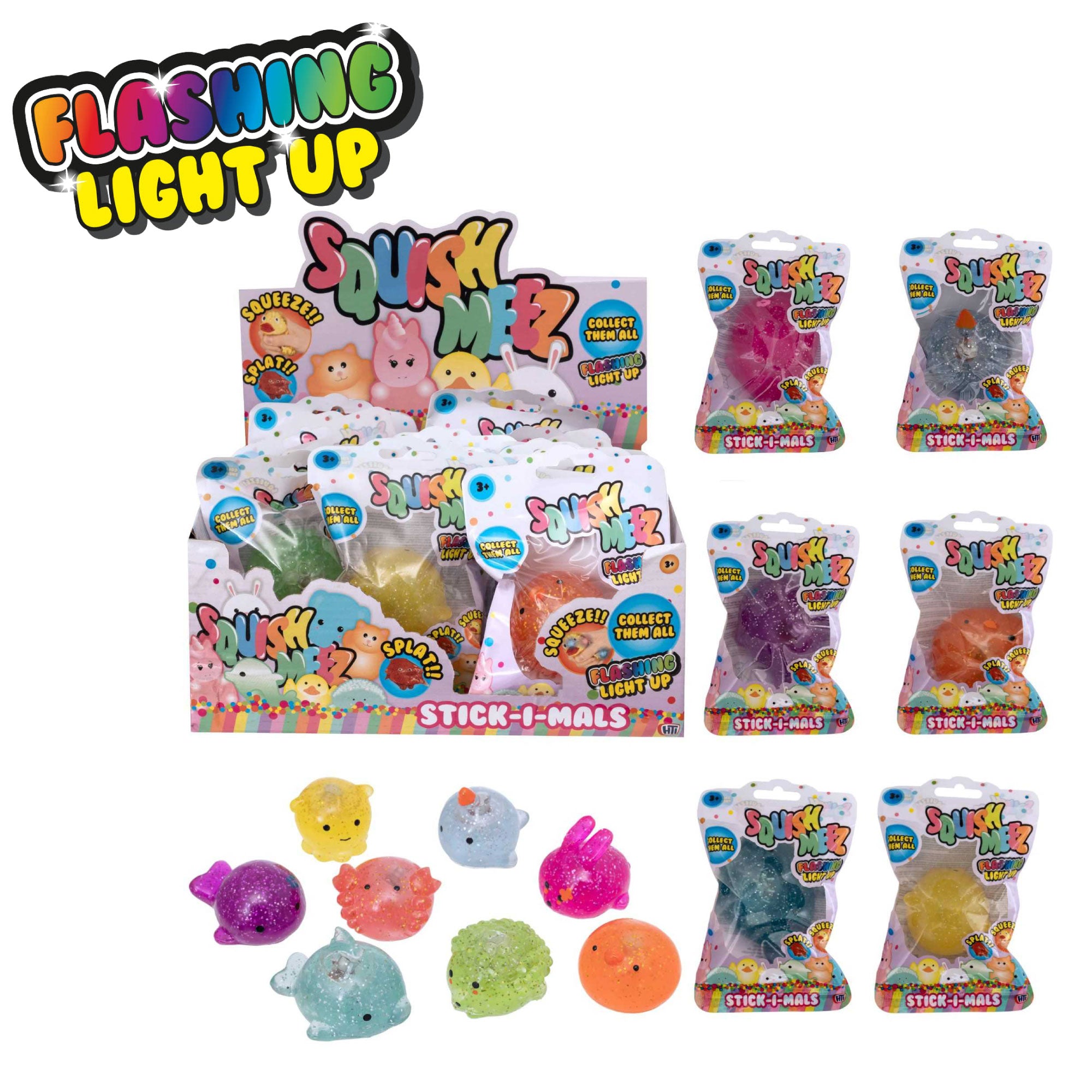 Squish-Meez Stick-I-Mals | Light Up & Glitter | 24 Pack Fidget Toy Bumper Party Pack