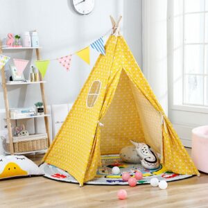 Indoor Kids Play Tent Yellow Grid Teepee Tent Fabric Spire Play House