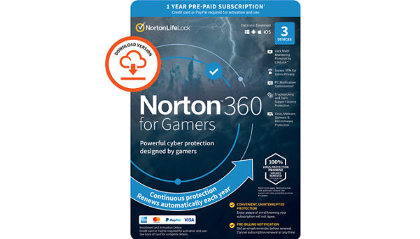 NORTON 360 for Gamers 2024 - 1 Year Subscription For 3 Devices