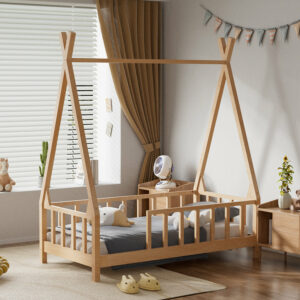 148CM Wide Pine Wood Children Bed with House-Shaped Frame and Fence