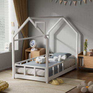 167CM Wide Pine Wood Children Bed with House-Shaped Frame