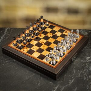 Dal Rossi Walnut & Brown Leather Chess Board/Storage Box with Metal Marble Finish Chess Set - Large  - can be Engraved or Personalised