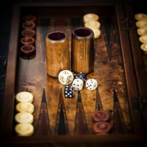 Helena Inlaid Mazel Burl and Mother of Pearl Backgammon and Checkers Set - Medium  - add a Personalised Brass Plaque