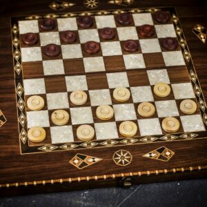 Helena Inlaid Walnut and Mother of Pearl Backgammon and Checkers Set - Large  - add a Personalised Brass Plaque