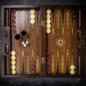 Helena Inlaid Walnut and Pearl Backgammon and Checkers Set - Tournament  - add a Personalised Brass Plaque
