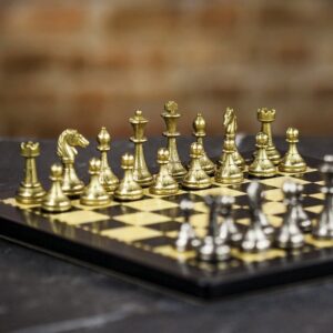 Italfama Antiquated Zinc Chess Set with Wood Board in Executive Case - Small  - can be Engraved or Personalised