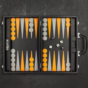 Italfama Backgammon Set Carbon Black/Orange Leatherette - Medium  - add a Personalised Brass Plaque