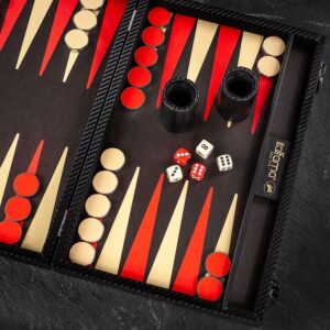 Italfama Backgammon Set Carbon Black/Red Leatherette - Medium  - add a Personalised Brass Plaque