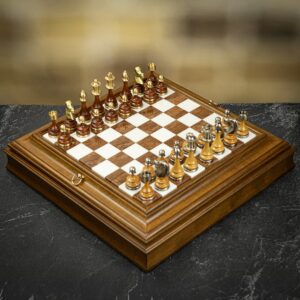 Italfama Brass and Wood Pieces in Wooden Marble Top Board with Chess Compartment - Medium  - can be Engraved or Personalised