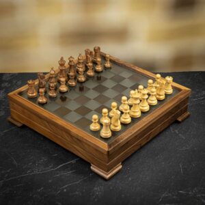 Italfama Classic Staunton Chess Pieces + Walnut & Glass Chess Board with Storage - Medium  - Engrave with a personalised message  - can be Engraved or