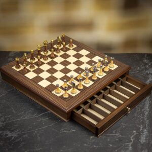 Italfama Classic Staunton Chess Pieces + Walnut & Maple Chess Board with Drawer - Medium  - can be Engraved or Personalised