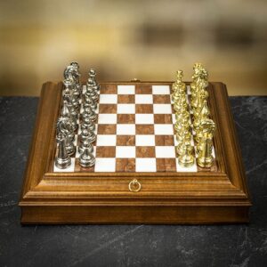 Italfama Flowered Metal Chess Pieces + Wooden Chess Board with Marble Top and Chess Compartment - Medium  - can be Engraved or Personalised