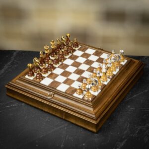 Italfama Gold and Silver Plated Brass Pieces in Wooden Marble Top Board with Chess Compartment - Medium  - can be Engraved or Personalised