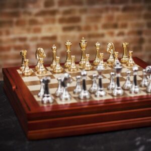 Italfama Gold and Silver Plated Classic Flower Chess Set with Inlaid Storage Board - Medium  - can be Engraved or Personalised