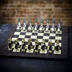 Italfama Grey Lacquered Chess Board with Black and White Brass and Wood Pieces - Large  - can be Engraved or Personalised