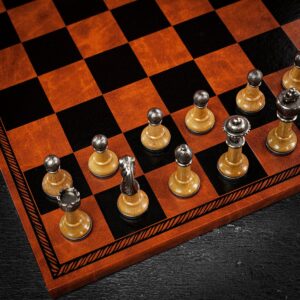 Italfama Metal and Wood Pieces With Brown Leatherette Chess Board - Large  - can be Engraved or Personalised