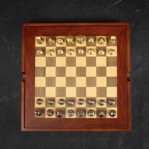 Italfama Mignon Solid Brass Chess Pieces + Wood Chess Board with Storage - Small (Bundle)  - can be Engraved or Personalised