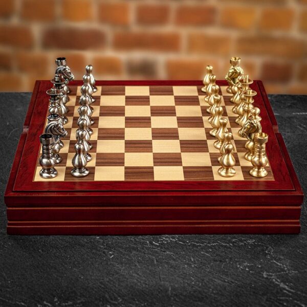 Italfama Solid Brass French Chess Pieces With Inlaid Wooden Storage Box - Medium  - can be Engraved or Personalised