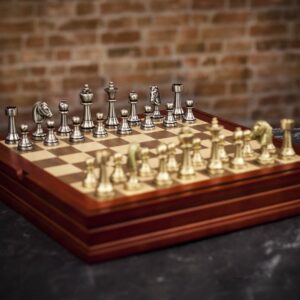 Italfama Solid Brass Staunton Chess Set with Inlaid Wood Chess Box - Medium  - can be Engraved or Personalised
