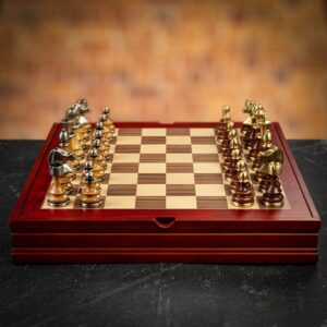 Italfama Solid Brass & Wood Staunton Chess Pieces in Wooden Storage Box - Medium  - can be Engraved or Personalised