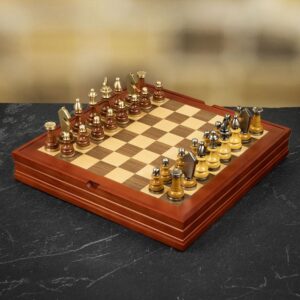 Italfama Solid Brass and Wood Contemporary Chess Set with Inlaid Storage Box - Medium  - can be Engraved or Personalised