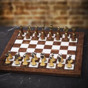 Italfama Wood and Metal Chess Pieces with Italian Marble Chess Board - Medium  - can be Engraved or Personalised