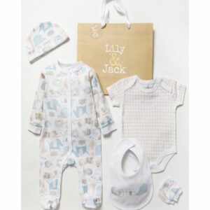 Lily and Jack Baby Unisex Elephant Print Cotton 5-Piece Gift Set - Beige - Size 0-3M