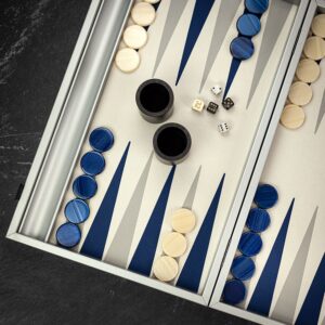 Manopoulos Backgammon Set - Navy Blue Vegan Leather  - add a Personalised Brass Plaque