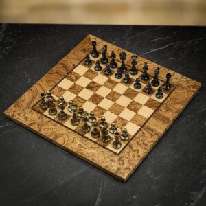 Manopoulos Boxed Metal Staunton Chess Set with Walnut Burl Board - Small  - can be Engraved or Personalised