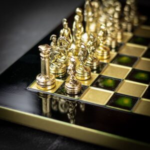 Manopoulos Greek Mythology Chess Set - Gold & Green Chessmen on Black Board - Medium  - can be Engraved or Personalised