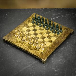 Manopoulos Greek Roman Chess Set - Gold & Green Chessmen on Bronze Brown Board - Small  - can be Engraved or Personalised