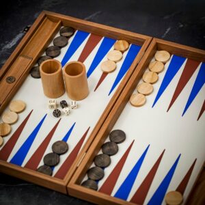 Manopoulos Inlaid Beige and Royal Blue Leatherette Backgammon Set - Tournament  - add a Personalised Brass Plaque