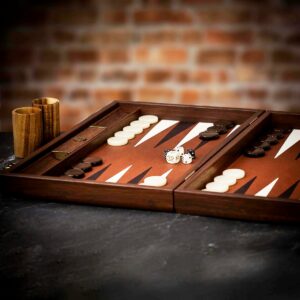 Manopoulos Inlaid Caramel Brown Leatherette Backgammon Set - Tournament  - add a Personalised Brass Plaque