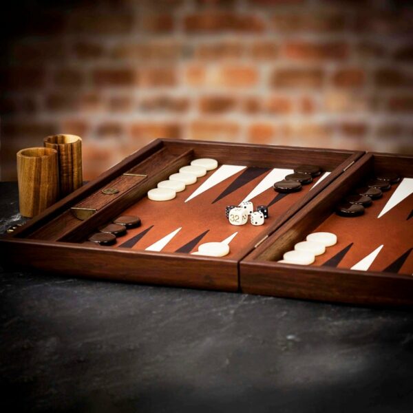 Manopoulos Inlaid Caramel Brown Leatherette Backgammon Set - Tournament  - add a Personalised Brass Plaque