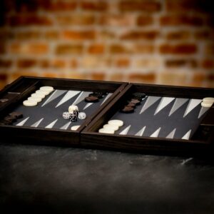 Manopoulos Inlaid Grey Leatherette Backgammon Set - Tournament  - add a Personalised Brass Plaque