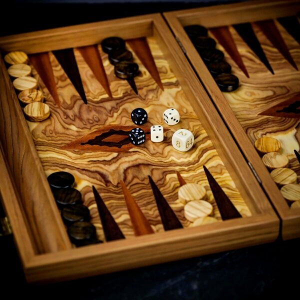 Manopoulos Inlaid Olive Burl Backgammon Set - Medium  - add a Personalised Brass Plaque