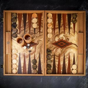 Manopoulos Inlaid Olive Burl Backgammon Set - Tournament  - add a Personalised Brass Plaque
