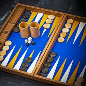 Manopoulos Inlaid Royal Blue and Yellow Leatherette Backgammon Set - Tournament  - add a Personalised Brass Plaque