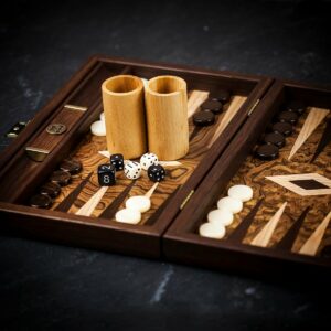 Manopoulos Inlaid Walnut Burl and Oak Backgammon Set - Travel  - add a Personalised Brass Plaque