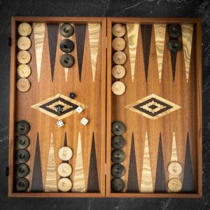 Manopoulos Mahogany Backgammon Set with Olive Burl - Tournament  - add a Personalised Brass Plaque