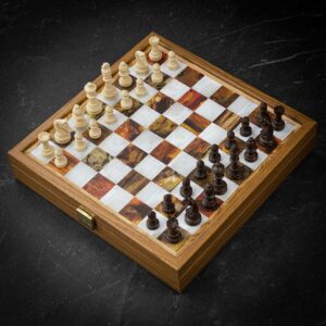 Manopoulos Marble Effect Backgammon and Chess Set in Case - Travel  - can be Engraved or Personalised  - add a Personalised Brass Plaque