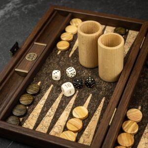 Manopoulos Natural Cork with Cube Design Backgammon Set - Travel  - add a Personalised Brass Plaque