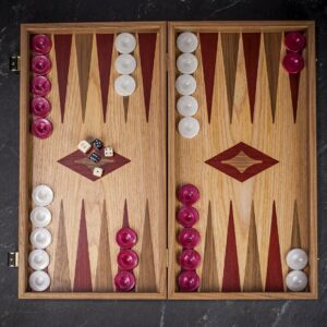 Manopoulos Oak Backgammon Set with Inlaid Red and Walnut Points - Tournament  - add a Personalised Brass Plaque