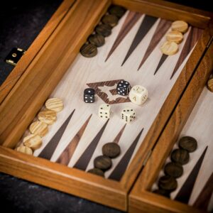 Manopoulos Oak and Walnut Style Wood Backgammon Set - Travel  - add a Personalised Brass Plaque
