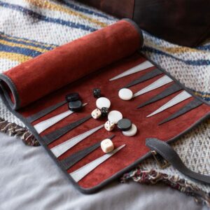 Manopoulos Roll-up - Suede Travel Backgammon Set - Burgundy   - add a Personalised Brass Plaque