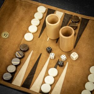 Manopoulos Roll-up - Suede Travel Backgammon Set - Cinnamon   - add a Personalised Brass Plaque
