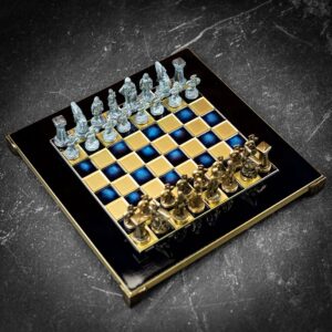 Manopoulos Spartan Warrior Chess Set - Blue & Bronze Chessmen on Blue Board - Small  - can be Engraved or Personalised
